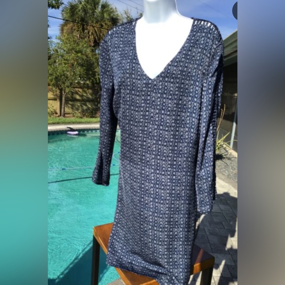 🩶SIGRID OLSEN SIGNATURE Boutique Dress Blue on Blue long open cut sleeves SZ XL